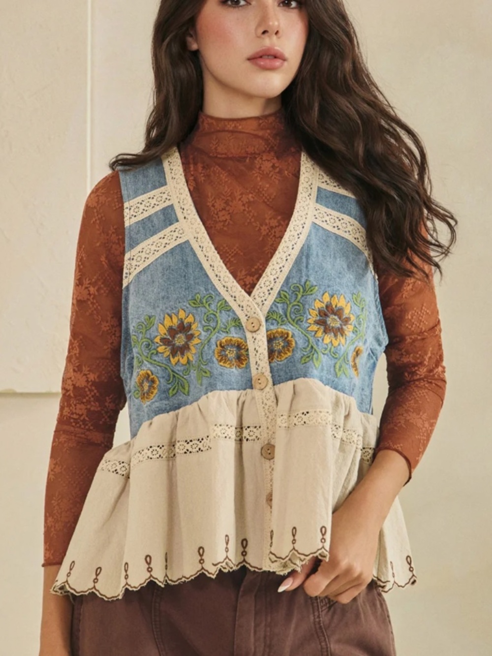 Oli & Hali Blue Denim and Cream Floral Embroidered Button-Front Vest